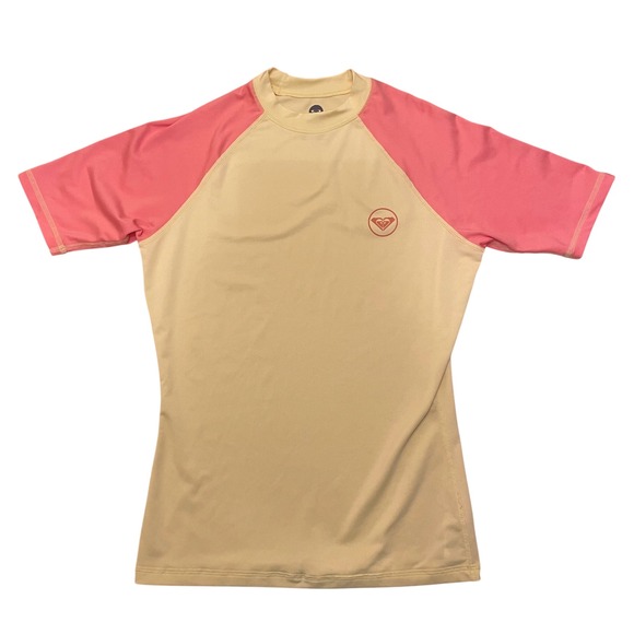 Roxy Womens XL Rash Guard Short Sleeve Swim Top Yellow Pink Logo Surfing Beach - Picture 1 of 6